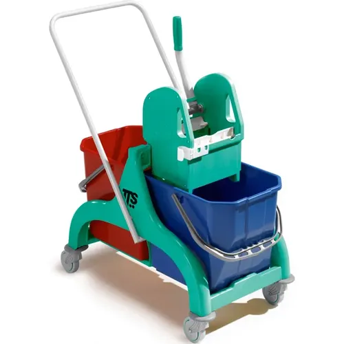 Reinigungswagen TTS Nick 2x15 L grün mit Deichsel - Der vielseitige Doppelfahrwagen Nick von Tecno Trolley Systems bietet 2x15 L Eimer für längere Nutzung frischen Wassers. Mit Tec Mop Presse und stabilen 80mm Rollen ist er ideal für den täglichen Einsatz.