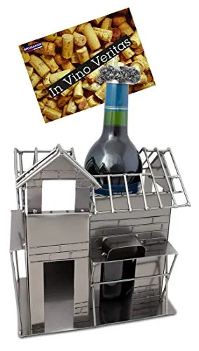 BRUBAKER Weinflaschenhalter Richtfest - Deko-Objekt aus Metall - Flaschenkörbe & -ständer, ideal als individuelles Geschenk für Bauherren mit architektonischen Details und Grußkarte "In Vino Veritas". Passt für Standard-Weinflaschen (750 ml) und mehr.