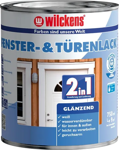 Wilckens 2in1 Türen und Fensterlack weiß inkl. Pinsel - Lacke für Innen und Außen, wasserverdünnbar und schnell trocknend. Ideal für eine einfache Grundierung und Lackierung in einem Schritt, sehr gut deckend und schadstoffarm (Blauer Engel).