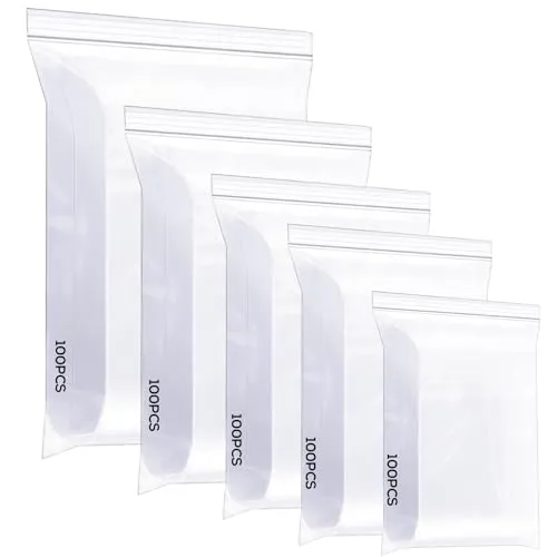 Cozary 500 Stück Druckverschlussbeutel, 5 Größen Plastikbeutel Verschließbar Transparent Klein Zip Beutel, Kunststoffbeutel,Reißverschluss Tütchen,Lebensmittelbeutel