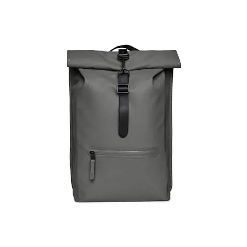 RAINS Rolltop Rucksack Grey - Wasserdichter Tagesrucksack für Damen und Herren mit Rolltop-Öffnung und D-Ring, ideal für Pendler. Robustes Design mit 8000 mm Wassersäulendruck und seitlicher Laptop-Tasche für 16-Zoll-Geräte.