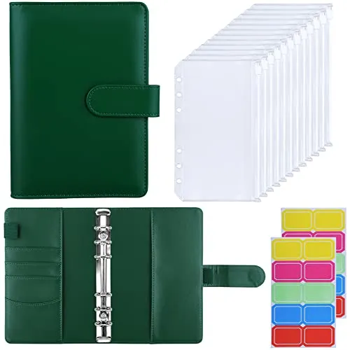 HAUTOCO Budget Planner Deutsch, A6 Budget Binder, Budgetplaner, Ringbuch A6 mit 12 Binder Taschen, Finanzplaner mit Etiketten, Sparbuch für Geld, für Reisen Tagebuch, Dunkelgrün