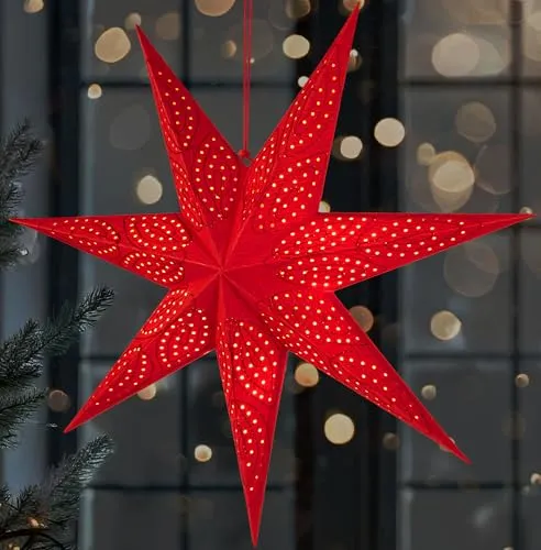 BRUBAKER 60 cm Papier Weihnachtsstern zum Aufhängen - LED Adventsstern für Weihnachtsdeko und Fenster - 3D Papierstern mit Timer-Funktion - Hängender Leuchtstern - Rot