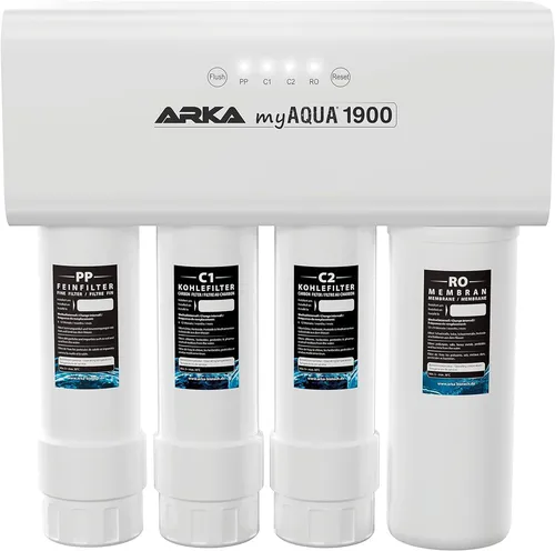 Umkehrosmoseanlage ARKA myAQUA 1900 l/Tag - Hochleistungswasserfilter für Aquarien - Wasseraufbereitung für Aquarien - Entfernt 99% Schadstoffe, Salze & Bakterien, liefert bis zu 1900 l/Tag und bietet eine einfache Filterwechselanzeige.