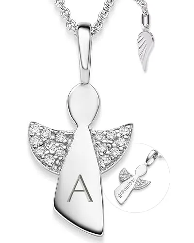Schutzengel Kette Silber 925 Mädchen | Engel-Anhänger Halskette - Ketten für Damen: Wunderschöne Engelkette aus 925 Sterling Silber mit 15 Zirkoniasteinen, individuell gravierbar und in variabler Länge. Ein perfektes Geschenk zur Kommunion oder Taufe.