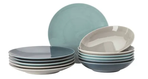 Thomas Tafelservice 12tlg. LOFT NORDIC COLOURS - Hochwertiges Porzellan-Tafelservice für 6 Personen, modernes Design in Grau und Blau mit pflegeleichten Eigenschaften