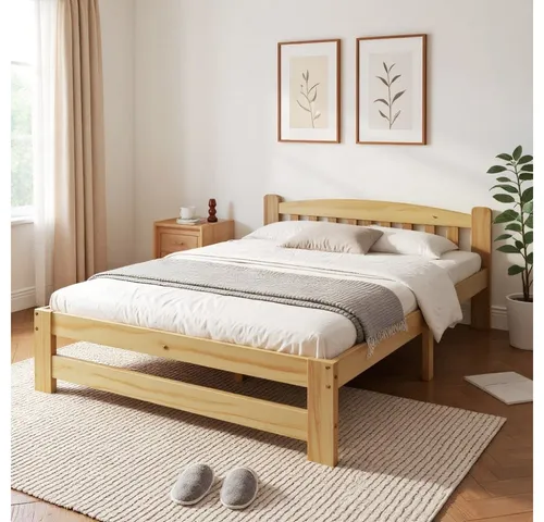 Modfu Bett aus Kiefernholz, 90x200 cm - Stilvolles Doppelbett aus naturbelassenem Kiefernholz mit elegantem Kopfteil und stabiler Konstruktion. Ideal für jeden Schlafbereich, bietet es eine solide Basis für erholsamen Schlaf und lässt sich vielseitig kombinieren.