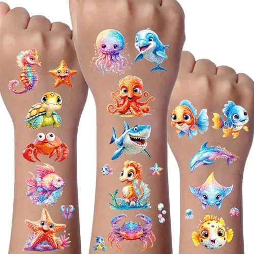 Ocean Glitzer Tattoo Set Kinder, 12 Blätter Ozean Temporäre Glitzer Tattoo Kinder, Meerestiere Fake Tattoos Kinders, Meer Geschenke für Jungen Mädchen