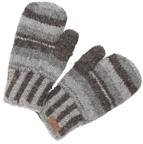 GURU SHOP Handgestrickte Fausthandschuhe, Gestreifte Wollhandschuhe, Handschuhe, Fauster aus Nepal - Grau/braun, Herren/Damen