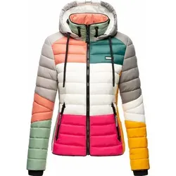 Navahoo Damen Steppjacke Lulana Multikulti Dark 2 - Gr. 34 - XS - Elegante, vegane Übergangssteppjacke mit abnehmbarer Kapuze und auffälligem Color Block Design. Wasserabweisend, taillierter Schnitt und ideal für Outdoor-Aktivitäten oder einen eleganten Auftritt!