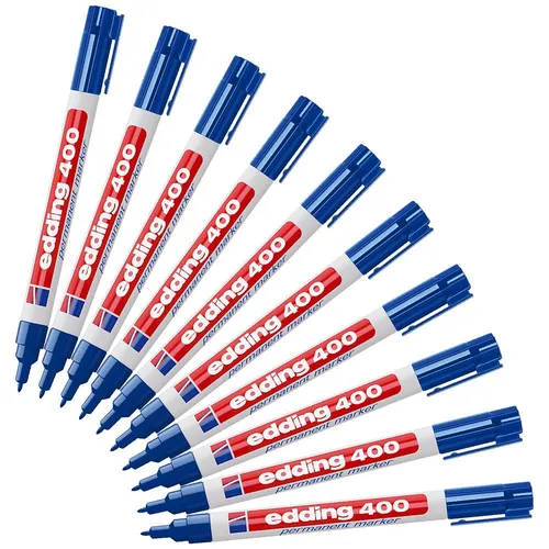 edding 400 Permanentmarker - Blau, 10 Stifte - Vielseitiger Permanentmarker für Karton, Holz, Metall & mehr; schnelltrocknend, wischfest und wasserfest – ideal für präzise Markierungen und Organisation im Büro oder Zuhause.
