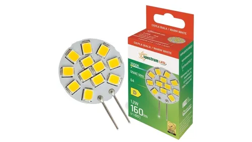 Spectrum LED Stiftsockellampe G4 1,2W warmweiß 3000K - LED Leuchtmittel mit 160lm Lichtstrom und 120° Abstrahlwinkel, ideal für Innenbeleuchtung. Lebensdauer von 17.000 Stunden sorgt für langanhaltende Nutzung.