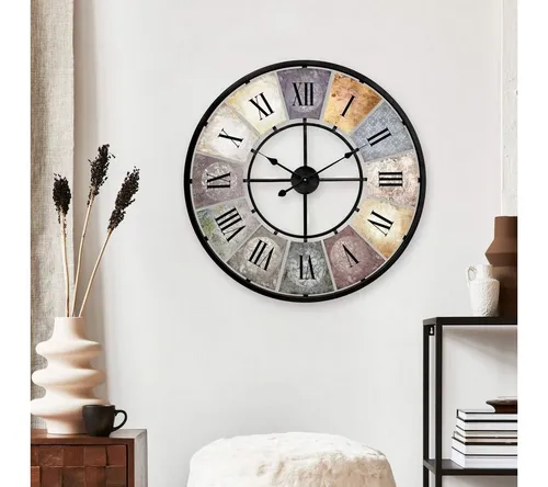 K&L Wall Art XXL Vintage Metalluhr - Wanduhren mit Used Look, leises Quarz Uhrwerk und römische Ziffern, ideal für Wohnzimmer oder Küche, 50 cm Durchmesser.