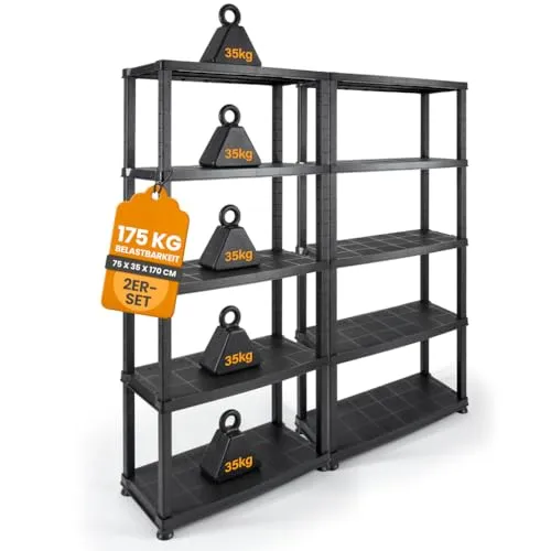 Kreher® Kunststoffregal „Evo“ – Schwerlastregal mit 5 Böden für Keller und Garage - Optimale Raumnutzung mit dem Kreher Schwerlastregal „Evo“! Mit robustem Design, bis zu 175 kg Traglast und 4 flexiblen Haken für zusätzlichen Stauraum. Ideal für Werkstatt und Haushalt – schnell und werkzeuglos aufgebaut!