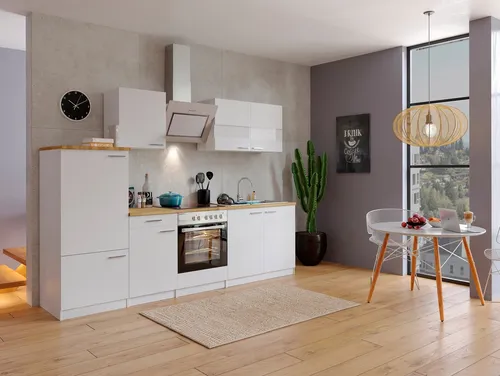 Respekta Malia Einbauküche Weiß 270 cm - Moderne Küchenzeile in Weiß, inklusive Geräte wie Herd und Kühlschrank, platzsparend mit Soft-Close Scharnieren und wechselseitigem Aufbau.
