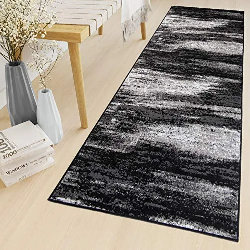TAPISO Maya Teppich Läufer 60 x 300 cm – Modernes Design in Grau, Weiß und Schwarz - Moderner Kurzflor Teppich Läufer für Wohnzimmer, Flur oder Küche. Mit stilvollem, verwischtem Design und geprüfter Qualität – ideal für jeden Raum.