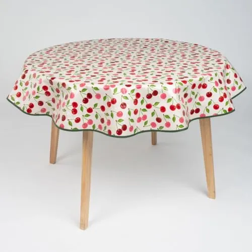 laro 140cm runde Wachstuch Tischdecke abwaschbar Wachstuchtischdecke mit Saum-Eingefasst-Paspelband, Muster:Kirsche Rot Weiß, Größe: Rund 140cm