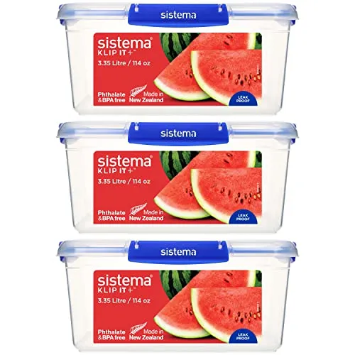 Sistema KLIP IT PLUS Frischhaltedosen Set | 3,35 l | auslaufsichere, stapelbare und luftdichte Vorratsdosen mit Deckel | geeignet für Kühl-/Gefrierschrank | Brotdose schule | 3 Stück