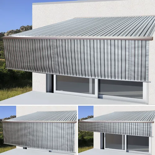 Elektrische Vollkassetten-Markise T124, 5x3m - Grau/Weiß mit ausfahrbarem Volant - Markisen für optimalen Sonnenschutz, wetterfest und robust mit UV-Schutz 50+. Inklusive Funkfernbedienung und Handkurbel für höchsten Komfort.