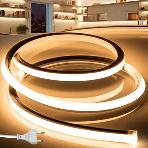 BRIMETI LED Streifen Aussenbereich 230V Neon LED Strip 3M Wasserdicht Lichtband IP65 Warmweiß Silikon Aussen Schlauch 120LED/M Outdoor Lichtleiste Band für Innen Heim Küche mit Netzteil