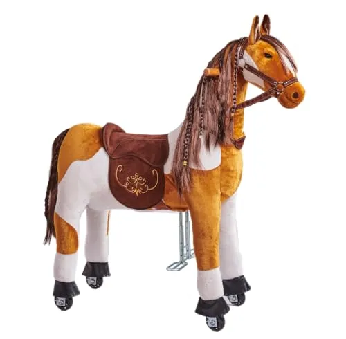 PONNIE Reitpferd mit Rollen Misty M (5-12 Jahre), Spielpferd zum Reiten mit Abnehmbarer Braun Sattel und Halfter mit Zaumzeug, Kämmbare Mähne und Schwanz, Plüschpferd zum Reiten für Kinder