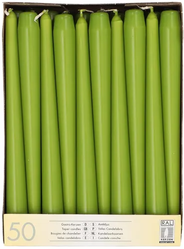 STARPAK Leuchterkerzen 22 mm olivgrün 50er Pack - 50 olivgrüne Leuchterkerzen aus Paraffin, ideal für Gastronomie und Bastelprojekte. Brenndauer von ca. 7 Stunden sorgt für stimmungsvolle Atmosphäre.