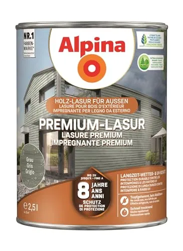 Alpina Premium-Lasur Grau 2,5 Liter seidenmatt - Lacke - Hochwertige seidenmatte Lasur für optimalen Holzschutz und eine elegante, graue Optik.