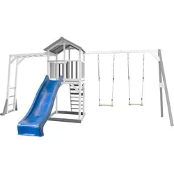 AXI Beach Tower Spielturm aus Holz in Weiß & Grau - Klettergerüst mit Doppelschaukel und großer Rutsche, ideal für stundenlangen Spielspaß im Garten. Aus witterungsbeständigem, nachhaltigem Hemlockholz für Sicherheit und Langlebigkeit.