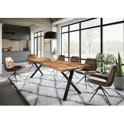 Baumtisch Akazie 260x100x76 cm mit Epoxidharz - Einzigartiger Küchentisch aus massivem Akazienholz mit eleganter Baumkante. Die Kombination aus natürlicher Holzoptik und anthrazitfarbenen X-Beinen sorgt für einen modernen Akzent in Ihrem Esszimmer.