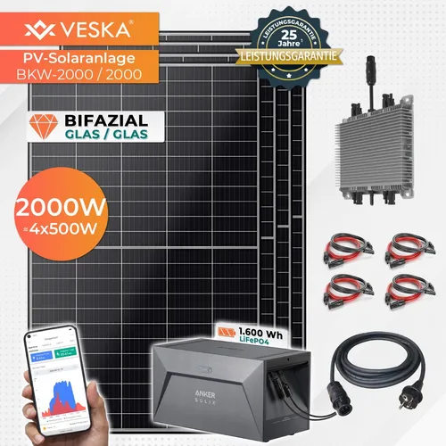 VESKA® Solaranlage 2000/2000W Bifazial mit 1,6 kWh Batteriespeicher - Powerstations: Die vielseitige Premium-Solaranlage mit Bifazialen Glas/Glas Paneelen und 1,6 kWh Batteriespeicher für flexible Installation am Balkon, Dach oder im Garten.