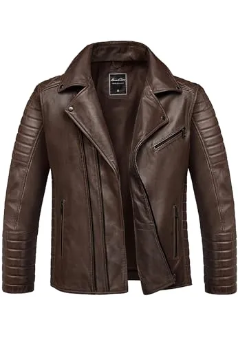 Amaci&Sons Herren Echtleder Jacke Biker Zipper Lederjacke 9107 Dunkelbraun S