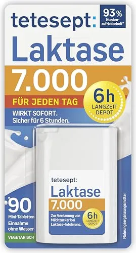 tetesept Laktase 7.000 – Laktasetabletten für unbeschwerten Genuss - Die Laktase Tabletten unterstützen die Verdauung von Laktose mit einem 5 Stunden Depot – ideal für unterwegs und zu Hause. Genießen Sie Milchprodukte ohne Sorge über Beschwerden.