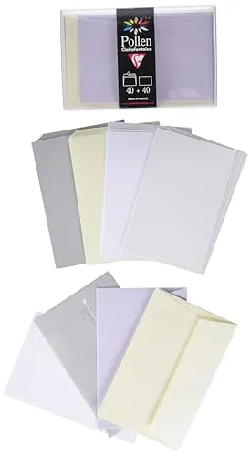 Clairefontaine 20841C - Packung mit 40 Umschläge selbstklebend 9x14cm 210g + 40 Karten 8,2x12,8 cm, 120g Pollen, ideal für Einladungen und Korrespondenz, Hochzeit, farbig sortiert, 1 Pack