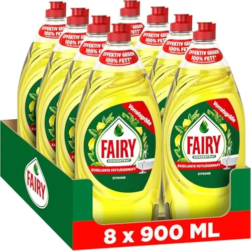 FAIRY Ultra Konzentrat Handspülmittel, Zitrone - 8 x 900 ml - Effektives Handspülmittel mit Zitronenduft für glänzendes Geschirr. Reinigt 50 % mehr mit nur einem Tropfen und funktioniert auch bei kaltem Wasser. Umweltfreundlicher Flaschenkörper aus 100 % recyceltem Plastik.
