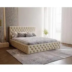 Polsterbett Verti Slim 180x200 cm - Chesterfield mit Bettkasten und Lattenrost - Samt Beige - Elegantes Polsterbett Verti Slim für stilvolle Schlafzimmer. Mit Bettkasten und Lattenrost ausgestattet, bietet es praktischen Stauraum und hohen Komfort. Der raffinierte Chesterfield-Look macht es zum Blickfang.