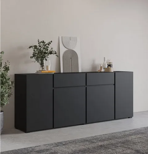 Sideboard INOSIGN "Metric" - Grifflose Kommode mit 4 Türen und 2 Schubkästen - Kommode in Schwarz, B: 195 cm, bietet viel Stauraum mit verstellbaren Einlegeböden und innovativem Design von INOSIGN für ein modernes Zuhause.
