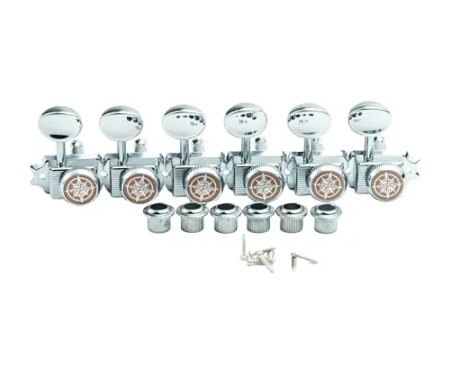 Guyker 6 Inline Vintage Guitar Lock String Tuners – Locking Tuning Key Pegs Machine Heads Replacement for ST TL Style Electric, Folk or Acoustic Guitars – Chrome