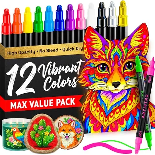 Artistro 12 Acrylstifte für Stein, Stoff, Holz, Glas, Basteln, Dekoration – Dual Tip (Dot & Fein) Acrylmarker für Teenager, Enkelkinder und Kinder – Bastel- & Kunstbedarf Set – Tolles Geschenk