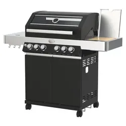 Rösle Gasgrill Videro G4 – Schwarz, Metall, 57x118x138 cm - Vielseitiger Gasgrill mit Sichtfenster, herausnehmbarer Fettauffangbox und 2 gebremsten Sideburnern. Ideal für Grillabende im Freien – einfach und flexibel einsetzbar.