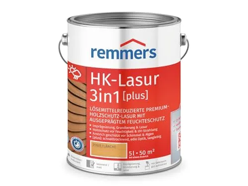 Remmers HK-Lasur 3in1 [plus] pinie/lärche, matt, 5 Liter - Premium Holzlasur für außen – 3in1 Lösung mit Imprägnierung, Grundierung und Lasur für optimalen Holzschutz gegen Feuchtigkeit und UV-Strahlen.