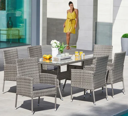MERXX Garten-Essgruppe Costa Rica, 13-tlg. Set mit 6 Sessel & Tisch 140x80 cm - Gartenmöbel-Set aus robustem Polyrattan mit Sicherheitsglas-Tischplatte. Inkl. komfortablen Sitzkissen für entspannte Stunden im Freien. Ideal für Ihre Terrasse oder den Garten.