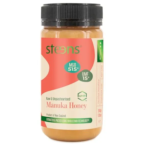 Steens Manuka Honey MGO 515+ - 500 g - Brotaufstriche, 100% rein roher und zertifizierter UMF 15+ Manuka Honig aus Neuseeland, reich an Nährstoffen und mit einzigartigem Geschmack für deine Gesundheit.