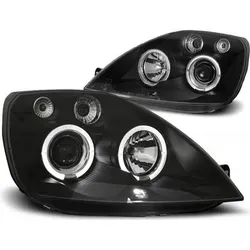 LED Angel Eyes Scheinwerfer für Ford Fiesta MK6 02-05 schwarz - Frontscheinwerfer mit futuristischen LED Angel Eyes, bessere Sichtbarkeit und einfache Plug and Play Installation. E Prüfzeichen für rechtliche Sicherheit, ideal für Ford Fiesta Modelle 2002-2005.