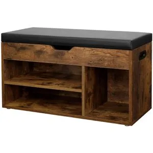Vasagle Schuhbank LHS30BX, Vintage Braun - Schuhbank aus Holz mit 3 Fächern für bis zu 5 Paar Schuhe, gepolsterte Sitzfläche und bis zu 150 kg belastbar – ideal für Flure und Eingangsbereiche.