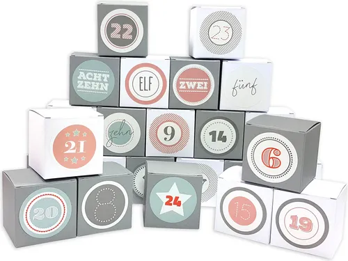 Frau WUNDERVoll® DIY Adventskalender Vorfreude zum Befüllen, Faltschachteln 12x grau 12x weiß 7x7x7cm (gefaltet), XL Ziffern pastell/Weihnachten, Aufkleber, Würfelbox, Faltverpackung, Schachteln