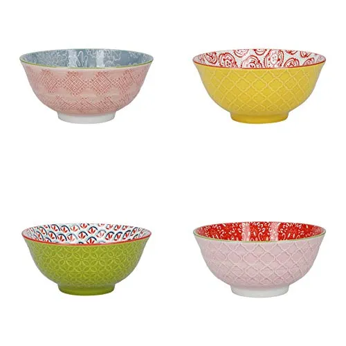KitchenCraft Gemusterte Müslischale 4er Set in Geschenkbox, Ideal für Eis und Suppe, 15cm 'Brights' Designs