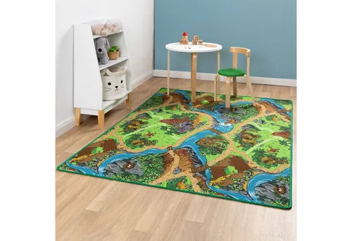 Steffensmeier Kinderteppich Buddy Rechteckig | Dino Design für Jungen und Mädchen | 100x200 cm - Hochwertiger Steffensmeier Teppich für das Kinderzimmer: 100% Polyamid, OEKO-TEX zertifiziert und schadstofffrei. Mit fröhlichem Dino-Design sorgt er für Spaß und Komfort beim Spielen und Entspannen.