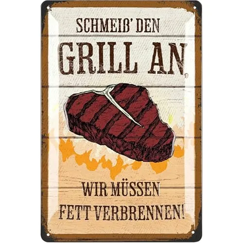LANOLU Retro Blechschilder Grillen - SCHMEIß DEN GRILL AN wir müssen Fett verbrennen - BBQ Grill Retro Deko, Grillplatz Schild Garten, Papas Grillecke Schild - Metallschilder 20x30 cm