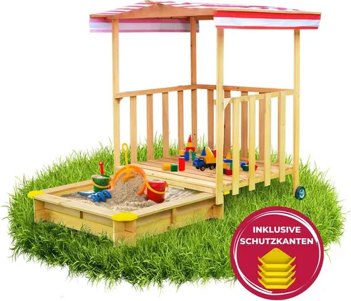 Spielhaus mit Sandkasten und Sonnendach - Sandkasten mit Spiel-Veranda, ideal für Kinder von 3-11 Jahren, fördert kreatives Spielen im Freien und bietet Schutz vor Sonne.