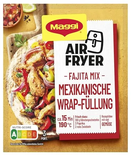 MAGGI Airfryer Mexikanische Wrap-Füllung - Fajita Mix, 1er Pack (27g) - Fixprodukt für die Heißluftfritteuse: Würzige Fajita-Mischung für knusprige Wraps, einfach und gelingsicher in nur 15 Minuten zubereitet.
